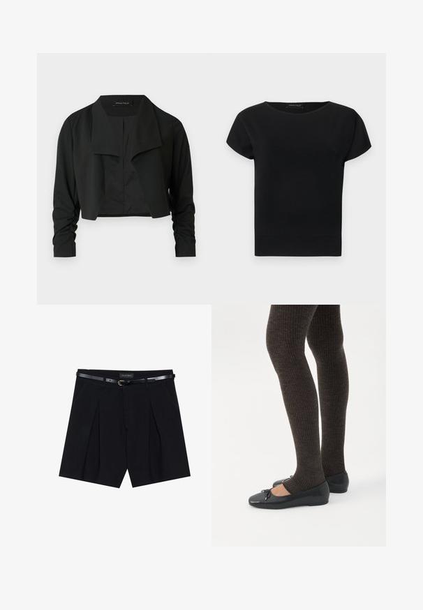 Zwarte cropvest met een gespleten kraag en gerimpelde lange mouwen. Gemaakt van een gladde stof, met een eenvoudig, strak ontwerp.; Zwart gebreid top met korte mouwen, ronde halslijn en geribbelde zoom, met een klein neklabel met de tekst "ANNA FIELD."; Zwarte op maat gemaakte shorts met plooien, voorzien van een slanke zwarte riem met een gouden gesp. Gemaakt van een soepele stof, die een verfijnde uitstraling biedt.; Benen met donkere geribbelde leggings gecombineerd met zwarte ballerina's met kleine strikdetails op een witte achtergrond.