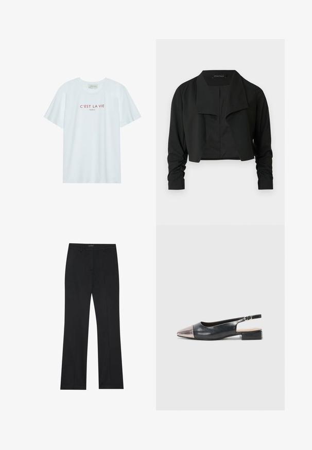 Zwarte cropvest met een gespleten kraag en gerimpelde lange mouwen. Gemaakt van een gladde stof, met een eenvoudig, strak ontwerp.; Witte katoenen T-shirt met ronde hals en korte mouwen. Kenmerkt zich door rode opdruk "C'EST LA VIE PARIS" over de borst. Eenvoudig ontwerp.; Zwarte broeken met een rechte snit, gladde stof en zonder zichtbare patronen. Ontworpen met klassieke voorzakken en een ritsluiting.; Slingback schoenen met een zwarte leren bovenkant, een metallic rosegouden puntige neus en een lage blokhak. Gladde textuur met een gebogen ontwerp.