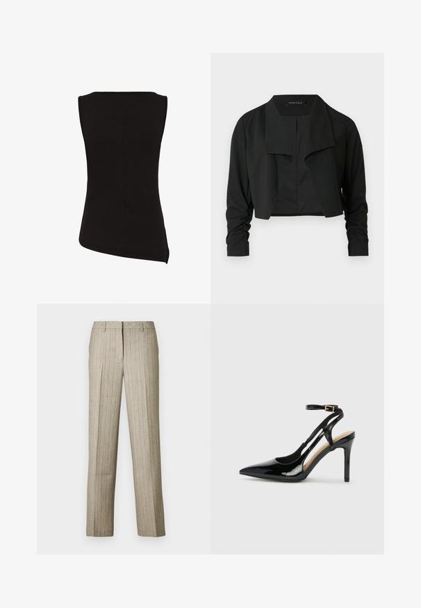 Veste noire courte avec un col fendu et des manches longues froncées. Réalisée dans un tissu lisse, présentant un design simple et épuré.; Haut noir sans manches avec un ourlet asymétrique et une silhouette ajustée, vu de dos sur fond blanc.; Pantalon beige à fines rayures avec une coupe droite, doté d'une ceinture structurée et d'une texture subtile sur l'ensemble du tissu.; Escarpin en cuir verni noir à talon haut, avec un bout pointu, une bride réglable à la cheville et des côtés ouverts. Texture lisse.