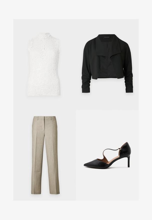 Veste noire courte avec un col fendu et des manches longues froncées. Réalisée dans un tissu lisse, présentant un design simple et épuré.; Haut sans manches en dentelle blanche avec col montant, motif floral et fermeture à boutons sur fond uni.; Pantalon beige à fines rayures avec une coupe droite, doté d'une ceinture structurée et d'une texture subtile sur l'ensemble du tissu.; Chaussure à talon haut en cuir noir à bout pointu avec une fine bride à la cheville et un talon stiletto de hauteur moyenne sur fond blanc.