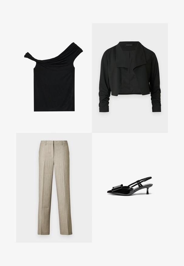 Sort cropped jakke med delt krave og rynkede lange ærmer. Fremstillet af et glat stof med et enkelt, rent design.; Sort off-shoulder top lavet af et blødt stof. Har snoet detalje ved udskæringen og en tætsiddende silhuet.; Beige bukser med nålestriber og et lige ben-design, der har en struktureret linning og en subtil tekstur i hele stoffet.; Sorte patenterede læderslingbacks med spids tå, en sløjfedetalje foran og en lille stilettohæle. Remmene har justerbare spænder.