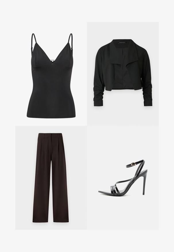 Sort cropped jakke med delt krave og rynkede lange ærmer. Fremstillet af et glat stof med et enkelt, rent design.; Sort, tætsiddende camisole med justerbare tynde stropper, V-halsudskæring, sømløst design og glat tekstur. Lavet af et blødt, strækbart materiale.; Mørkebrune bukser med vide ben, plisseringer og bæltestropper, med lynlås foran og ren kant mod en ensfarvet baggrund.; Sort højhælet sandal med tynde remme over tæerne og anklen, med en gylden spænde på en slank stilet-hæl.