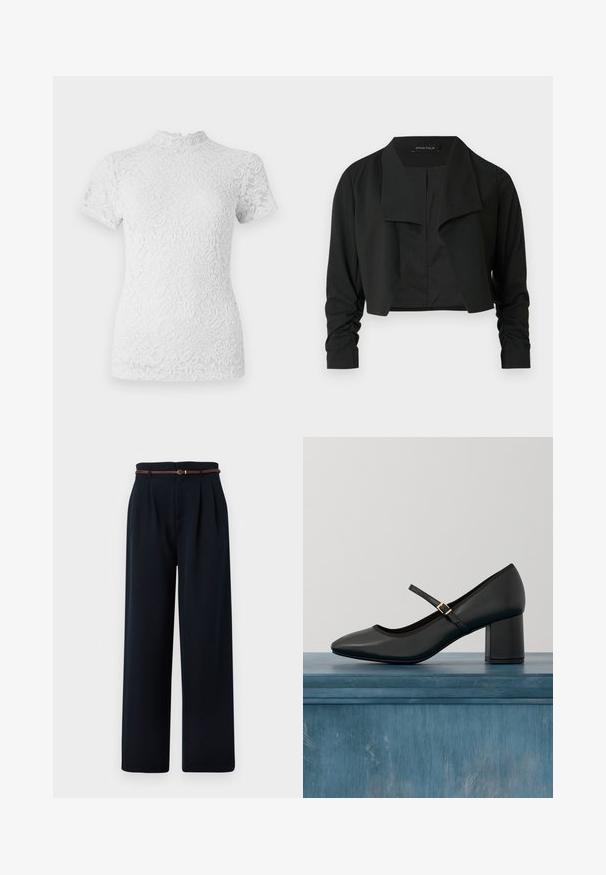 Sort cropped jakke med delt krave og rynkede lange ærmer. Fremstillet af et glat stof med et enkelt, rent design.; Hvid bluse i blonder med korte ærmer og en høj, scallop-formet halsudskæring. Blomster mønster hele vejen igennem, semi-gennemsigtigt stof med en struktureret overflade.; Sorte bukser med høj talje og vide ben med plisseringer og et tyndt, brunt flettet bælte, vist på en hvid baggrund.; Sort Mary Jane-sko med blokhæl og guldfarvet spænde, svævende over et glat betongulv i en minimalistisk indendørs setting.