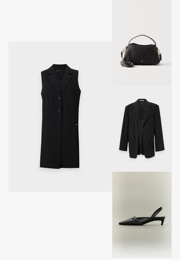 Sort blazer med almindelig revers, enkelt knaplukning og to forlommer. Fremstillet af glat stof med en struktureret pasform og inderlæg.; Sort sansærmet blazer kjole med skræddersyet design, blazerkrave, seks frontknapper og sidelommer. Glat stof med minimale detaljer.; Sort læder slingback med kitten heel, spids tå og lille guldfarvet spænde på en ensfarvet baggrund.; Sort textured læderhåndtaske med guldfarvet hardware, kort håndtag og justerbar aftagelig skulderrem, mærket "BOSS" foran.