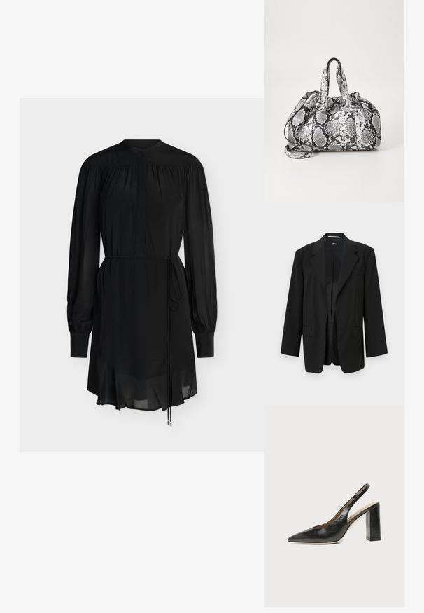 Blazer noir avec un col cranté, fermeture à un bouton et poches avant doubles. Fabriqué en tissu lisse avec une coupe structurée et une doublure intérieure.; Robe noire à manches longues avec détails froncés, col haut, fermeture par boutons et ceinture à nouer à la taille, avec un ourlet légèrement transparent.; Chaussure slingback en cuir noir à bout pointu avec un talon bloc haut et une doublure intérieure beige sur un fond clair uni.; Sac à main en motif peau de serpent noir et blanc avec deux poignées, une fermeture à cordon et une bandoulière amovible. Texture lisse.