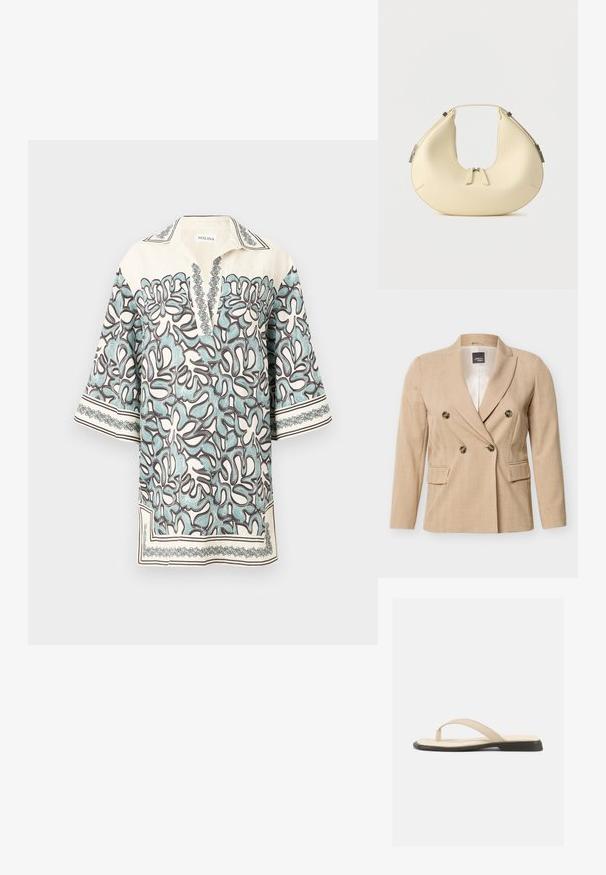 Beige dobbeltradet blazer med hakket revers, fire mørke knapper, to klaplommer og en glat lysefarvet inderside.; Kortærmet bluse i creme med et blomstermønster i lyseblå og brun, med en klapkrave og dekorative detaljer langs kanterne.; Beige flad thongsandal med polstret fodseng og sort sål, vist fra siden på hvid baggrund.; Beige håndtaske i halvmåneform med dobbelt lynlåslukning og kort håndtag, udstyret med sølvfarvede hardware-detaljer på siderne.