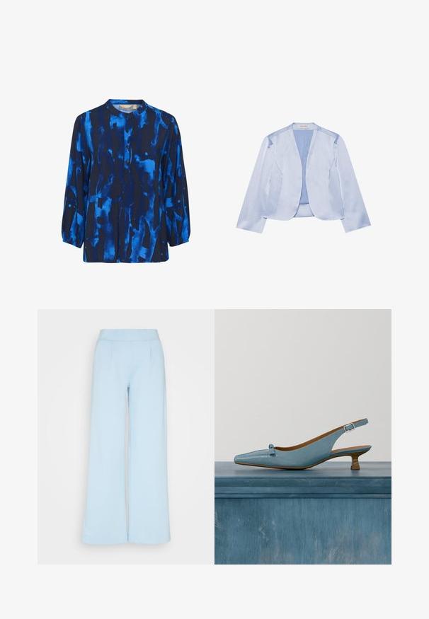 Lysblå satin blazer med sjalskrave, lange ærmer, åben frontdesign og glat tekstur. Ingen synlig lukket hardware eller mønstre.; Langærmet bluse i mørkeblå med abstrakte lyseblå mønstre, rund krave og knaplukning, lavet af blødt stof med en glat tekstur.; Lyseblå vide bukser lavet af blødt stof, med en glat talje og fremadrettede folder for ekstra detalje.; Lyseblå læder slingback-sko med lille blok-hæl og sløjfe, svævende over poleret gulv med ribbet glas og planter i baggrunden.