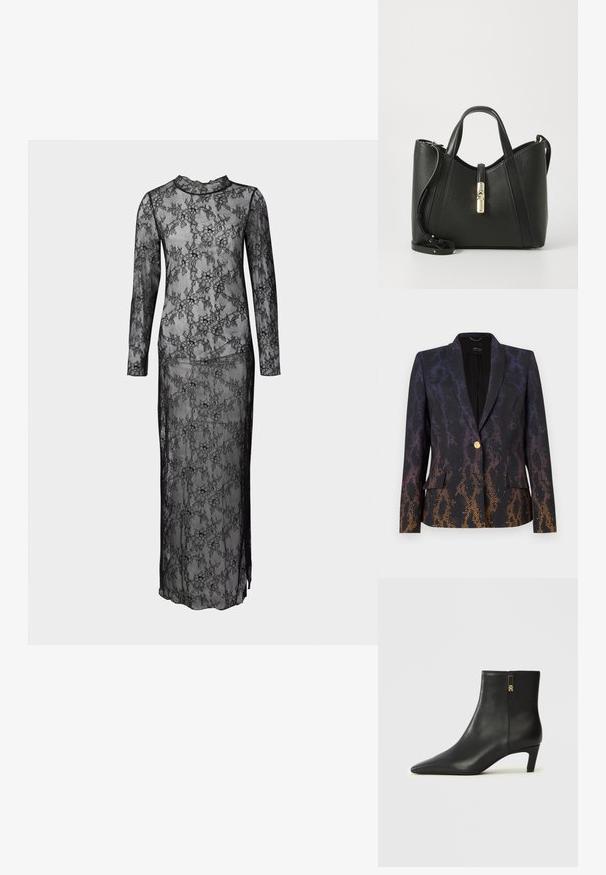 Sort blazer med et gradient slangeprint i lilla til orange. Har en enkelt guldknap og to forlommer. Tekstureret stof.; Sort langærmet gulvlængde blondekjole med blomstermotiv og høj halsudskæring, gennemsigtigt stof over solid foring.; Sorte læderankelstøvler med spids snude og lille, tilspidset hæl. Har lynlås i siden med gulddetalje. Glat tekstur.; Sort læder håndtaske med en struktureret form, der har en guldfarvet hardwarelås og en aftagelig rem for alsidighed.