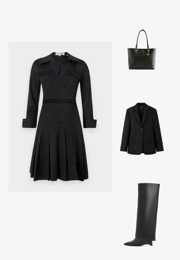 Sort skræddersyet blazer med notched revers, to forlommer med klapper, en brystlomme med åbning og lukning med to knapper.; Sort omslagskjole med lange ærmer, krave, to brystlommer og bælte i taljen. Har plisseret nederdel for ekstra tekstur og bevægelse.; Sort knælang støvle lavet af glat læder, med spids tå og trekantet hæl. Designet med en strømlinet, glat overdel.; Sort vævet taske med to håndtag og en lille gylden dekorativ charm hængende fra det ene håndtag mod en hvid baggrund.