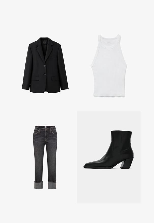 Sort skræddersyet blazer med notched revers, to forlommer med klapper, en brystlomme med åbning og lukning med to knapper.; Hvid ærmeløs ribbet tanktop med høj halsudskæring og tætsiddende silhuet, lagt fladt på en hvid baggrund.; Mørkegrå lige jeans med foldede manchetter, frontknap og lynlås, bæltestropper og for- og baglommer.; Sortlæder ankelstøvle med spids tå, en slank silhuet og en kraftig firkantet hæl. Glat tekstur med minimale stikninger.