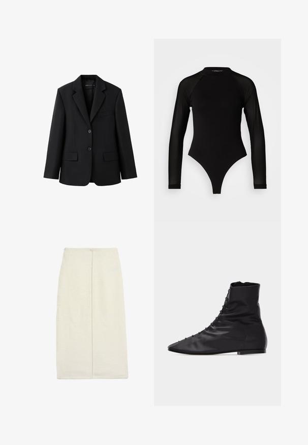 Sort skræddersyet blazer med notched revers, to forlommer med klapper, en brystlomme med åbning og lukning med to knapper.; Sort langermet bodysuit med høj hals, fremstillet af solidt stof på torsoen og gennemsigtigt mesh på ærmerne, designet i en tætsiddende form.; Lang elfenbenfarvet nederdel lavet af tekstureret stof, med en lige design og en centralt placeret bagsøm. Ingen synligt hardware eller mønstre.; Sort blød læderankelstøvle med snørebånd i siden, spids tå, flad sål og lynlåsbaglås.