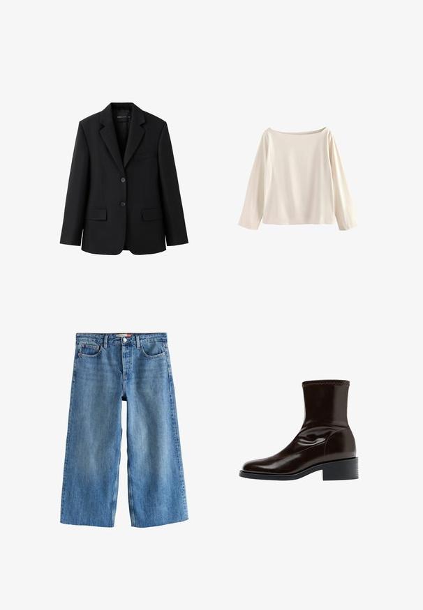 Sort skræddersyet blazer med notched revers, to forlommer med klapper, en brystlomme med åbning og lukning med to knapper.; Off-white langærmet skjorte med en bred bådudskæring og en lige kant, præsenteret mod en hvid baggrund.; Blå denimjeans med vide ben, forlommer, bæltestropper, knap- og lynlås-lukning, mærket "CROP WIDE" indvendigt i linningen.; Mørkebrun læderankelstøvle med firkantet tå, lav blokhæle og stikning langs øverste kant, vist i sideprofil.