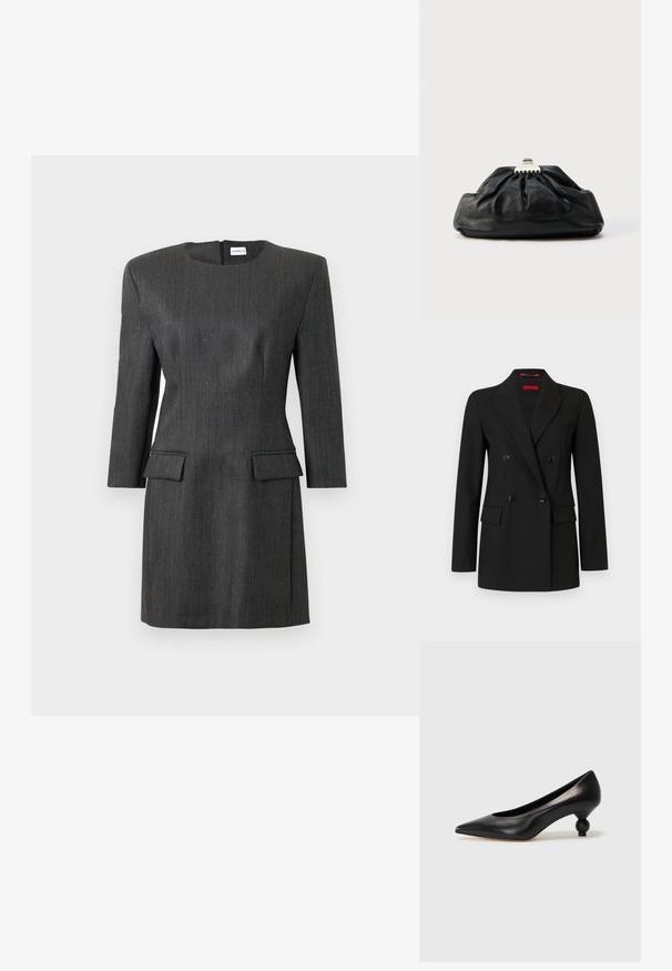 Zwarte dubbelgeknoopte blazer met vier knopen, notched revers, lange mouwen en klepzakken aan de voorkant, weergegeven op een witte achtergrond.; Op maat gemaakte donkergrijze jurk met een gestructureerde silhouet, driekwart mouwen, twee voorzakken en een ritssluiting aan de achterkant. Subtiele streepjestextuur.; Zwarte leren hoge hak schoen met een spitse neus en een ronde, bolle hak. Gladde textuur met een elegant, minimalistisch ontwerp.; Zwarte leren clutch met een geplooide textuur, metalen sluiting en een subtiel geperst logo aan de voorkant. Afgeronde vorm.