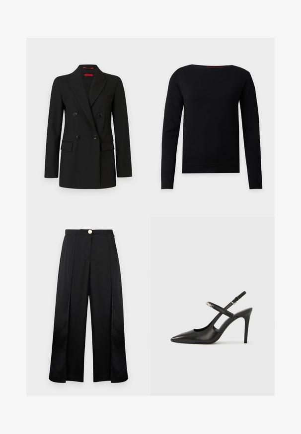 Blazer noir croisé avec quatre boutons, revers crantés, manches longues et poches à rabat à l'avant, présenté sur un fond blanc.; Pull noir à manches longues avec col rond, design simple et ajusté sur un fond gris clair.; Pantalon large noir à taille haute, avec plis sur le devant, fentes latérales et fermeture par bouton doré.; Escarpins slingback en cuir noir avec bout pointu, design ajouré et bride ajustable ornée de ferrures métalliques.