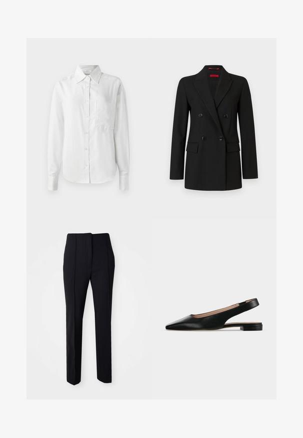 Blazer noir croisé avec quatre boutons, revers crantés, manches longues et poches à rabat à l'avant, présenté sur un fond blanc.; Chemise blanche à manches longues, en tissu lisse, dotée d'un col pointu, d'une poche avant et de poignets boutonnés pour un look ajusté.; Pantalons noirs ajustés avec une coupe droite, fabriqués dans un tissu lisse, dotés d'un devant plat et de poches sur les côtés pour plus de fonctionnalité.; Chaussure plate en cuir noir avec bride arrière, bout pointu et petit talon carré sur fond blanc.