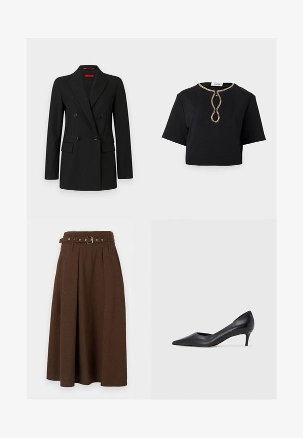 Blazer noir croisé avec quatre boutons, revers crantés, manches longues et poches à rabat à l'avant, présenté sur un fond blanc.; Haut noir court à manches courtes avec un col rond orné d'un motif de boucle en perles dorées au centre devant.; Jupe midi trapèze marron foncé avec taille haute, plis, passants de ceinture et ceinture assortie avec boucle argentée.; Escarpin en cuir noir avec un bout pointu et un talon bas. Présente une texture lisse et un éclat subtil. Découpe ouverte à l'avant pour un détail supplémentaire.