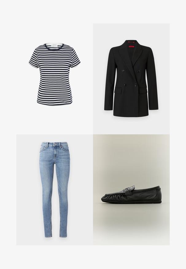 Schwarzer doppelt geknöpfter Blazer mit vier Knöpfen, Stegkragen, langen Ärmeln und vorderen Pattentaschen, auf weißem Hintergrund dargestellt.; Navy- und weiß gestreiftes T-Shirt aus Bio-Baumwolle, mit Rundhalsausschnitt und kurzen Ärmeln, mit geradem Saum am unteren Ende.; Hellblaue Skinny-Jeans aus Denim, mit einem normalen Bund, fünf Taschen und Kontrastnähten entlang der Nähte.; Schwarzer Lederloafer mit geraffter Front, dekorativem Schnallenriemen und flacher Sohle, dargestellt auf neutralem Hintergrund.