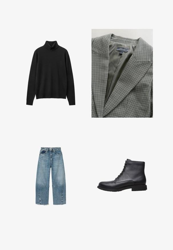 Blazer de cuadros gris con un forro verde liso, que cuenta con un cuello con muesca y hombros estructurados. La etiqueta dice "NEXT."; Suéter negro de cuello alto hecho de suave tejido de punto. Presenta mangas largas, un corte relajado y un diseño de cuello alto. Sin patrones ni adornos.; Vaqueros de mezclilla azul claro de pierna ancha con cintura alta, dobladillo sin rematar y dos bolsillos delanteros. Presentan áreas ligeramente desgastadas para dar textura.; Botas de tobillo de cuero negro con punta redonda, diseño con cordones, textura suave y suela de goma resistente. Apariencia minimalista y elegante.