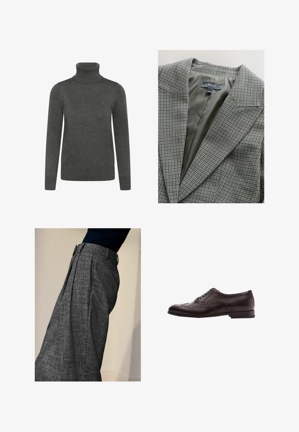 Blazer de cuadros gris con un forro verde liso, que cuenta con un cuello con muesca y hombros estructurados. La etiqueta dice "NEXT."; Suéter de cuello vuelto en gris oscuro, fabricado en tejido de punto, con mangas largas, cuello y puños acanalados y una textura suave.; Persona vistiendo pantalones grises de cintura alta con texturas y pliegues frontales, y una parte superior negra, mostrada de perfil contra un fondo liso.; Zapato de vestir de cuero marrón con detalles de brogue, cierre con cordones, puntera redondeada y un tacón bajo apilado. Acabado pulido y perforaciones intrincadas.