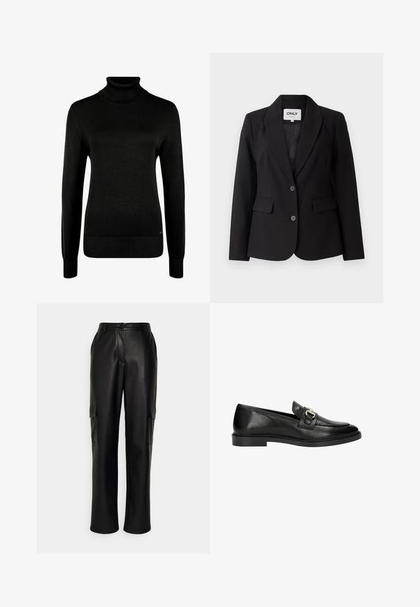 Sort blazer med kloklapper, enkeltknaps design, to forlommer og to sorte knapper. Glat stof med en skræddersyet pasform.; Sort langærmet rullekrave sweater med ribstrikkede manchetter og kant, vist på en hvid baggrund.; ONLY Tall ONLKIM PANT - Cargobukser - black; Sorte læder loafers med rund tå, dekorativ spænde og strop-detalje samt en lav stabelhæls. Glat tekstur med poleret finish.