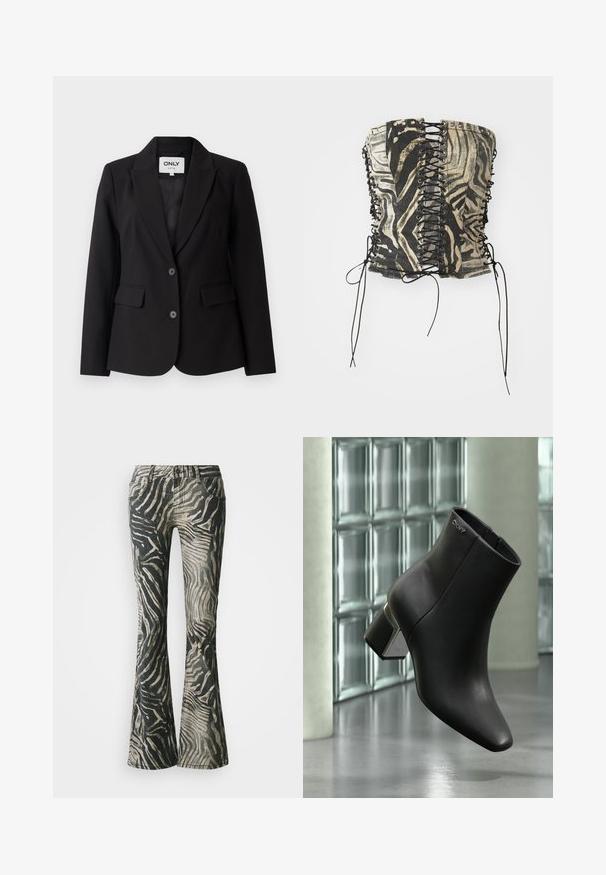 Mustriga must blazer, millel on viltu lõikega krae, ühe nööbiga disain, kaks eesmist taskut ja kaks musta nööpi. Sile materjal, mis sobib kehasse.; Mustmust ja beež korsettüppes, millel on sebra muster, nööriga esikülg, metallist silmad ja külgedel pikad mustad sidemed.; Vabaaja flared teksapüksid musta ja beeži zebra mustriga, denim materjalist, viie taskuga disain ja nähtavad õmblustähed.; Mustast nahast pahkluu saabas plokkseseljaga, DKNY logo lähedal ülaosas, eksponeeritud klaasplokiseina ja poleeritud betoonpõranda taustal.