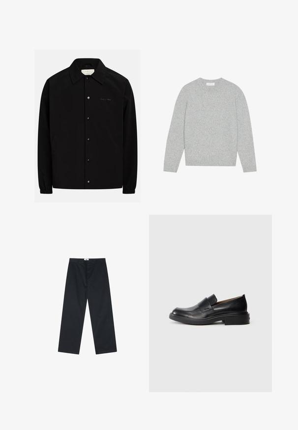 Veste noire avec fermeture boutonnée à l'avant, col pointu et poignets élastiques. Comprend des poches latérales et un logo brodé discret.; Pull en laine gris clair avec un col rond, des manches longues et des poignets et ourlet côtelés. Texture douce avec un design solide et minimal.; Pantalon en coton noir avec une coupe droite, doté d'une fermeture à bouton et d'une taille simple. Sans motifs ni accents supplémentaires.; Chaussure habillée noire en cuir, à enfiler, avec un petit talon et un logo Calvin Klein discret sur le côté, présentée de profil sur un fond blanc.