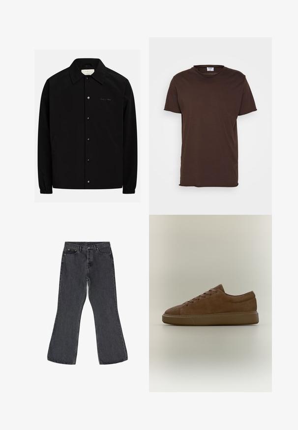 Sort jakke med knappelukning foran, spids krave og elastiske manchetter. Har sidelommer og et diskret broderet logo.; Filippa K ROLL NECK TEE - T-shirts basic - dark choco; Mørkegrå flare jeans lavet af denim, med et klassisk fem-lomme design, synlig syning og metal hardware detaljer.; Brun ruskind lavtop-sneaker med snørebånd og en tyk gummisål, vist i profil på en neutral baggrund.