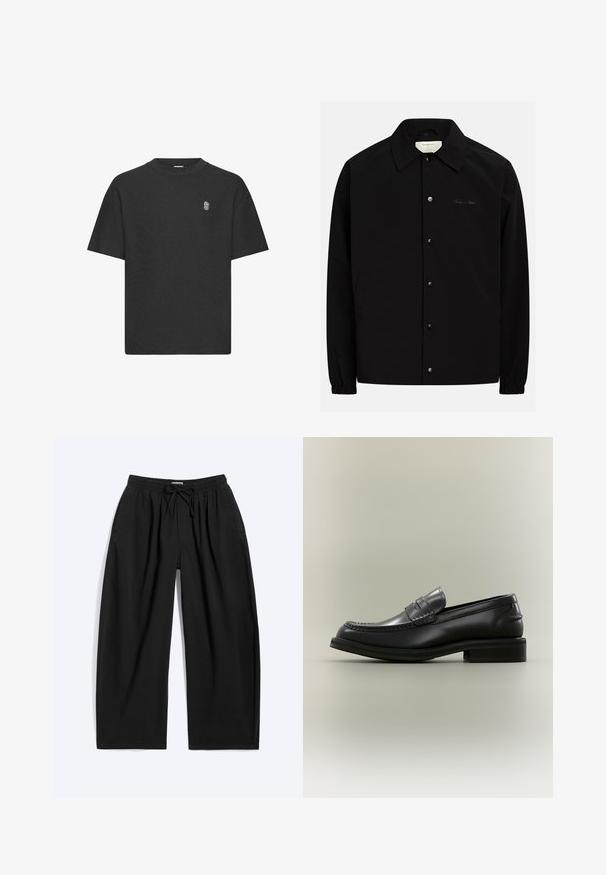 Sort jakke med knappelukning foran, spids krave og elastiske manchetter. Har sidelommer og et diskret broderet logo.; Sort kortærmet t-shirt i et tekstureret stof, med rund hals og et diskret broderet logo på brystet.; Sorte vidde bukser med elastisk taljebånd og snøre, med sidelommer og afslappet pasform.; Sort læder penny loafer med syning og lav stablet hæl vist mod en ensfarvet lys baggrund.