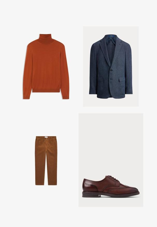 Marineblauer, texturierter Blazer mit Ein-Knopf-Verschluss, Kerbklappen, zwei vorderen Pattentaschen und einer Brustleistentasche, komplett gefüttert innen.; Rostfarbener Rollkragenpullover aus weichem Material. Figurbetontes Design mit langen Ärmeln und geripptem Kragen sowie Saum. Glatte Textur im gesamten Pulli.; Braune Cord-Hosen mit geradem Schnitt, ausgestattet mit Fronttaschen, einem Knopfverschluss und vertikaler Rippstruktur.; Braune Leder-Brogue-Schuhe mit Flügelspitze, durchbrochenen Details und dunkler Sohle, seitlich auf weißem Hintergrund abgebildet.