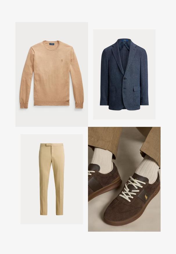 Marineblå tekstureret blazer med enkelt knap, notched revers, to forlommer med klap og en brystlomme med stiksøm, fuldt foret indvendigt.; Beige langærmet sweater med rund hals, lavet af et struktureret stof. Har et broderet logo på venstre bryst.; Beige tætsiddende bukser med frontbøjle, bæltestropper og skjult frontlukning på en ensfarvet lys baggrund.; Brune ruskindssneakers med hvide snørebånd båret med beige ribstrikkede sokker og lysebrune bukser.