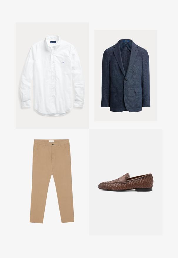 Marineblauer, texturierter Blazer mit Ein-Knopf-Verschluss, Kerbklappen, zwei vorderen Pattentaschen und einer Brustleistentasche, komplett gefüttert innen.; Weißes Hemd mit langen Ärmeln, Knopfleiste und Kragen, mit kleinem dunklem Logo auf der linken Brust, flach auf einem hellen Hintergrund liegend.; Khakifarbene Chinos aus Baumwollmischung, mit flachem Bund, zwei seitlichen Taschen und einer einzelnen Gesäßtasche. Leichter Stoff mit glatter Textur.; Brauner gewebter Lederloafer mit einem Riemen über dem oberen Teil und einem niedrigen schwarzen Absatz, seitlich auf weißem Hintergrund dargestellt.
