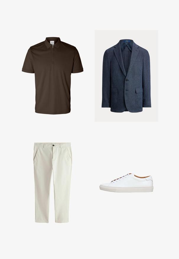 Marineblauer, texturierter Blazer mit Ein-Knopf-Verschluss, Kerbklappen, zwei vorderen Pattentaschen und einer Brustleistentasche, komplett gefüttert innen.; Dunkelbraunes Poloshirt mit kurzen Ärmeln, einem Kragen und halbem Reißverschluss vorne, dargestellt auf weißem Hintergrund.; Hellbeige gerade geschnittene Hose mit Seitentaschen, Gürtelschlaufen, Knopfverschluss und Reißverschluss vorne.; Weißer Ledersneaker mit einer strukturierten Gummisohle, rundem Zehenbereich und kontrastierendem, braunem Innenfutter. Verfügt über fünf Ösen und weiße Schnürsenkel.