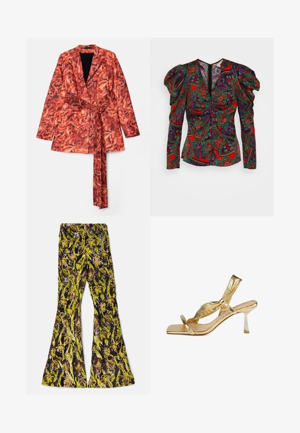 Onalaja MALIA - Blazer - orange; Veronica Beard SIMMONS - Bluse - flame red multi; AKNVAS EXCLUSIVE LENNON BEADED PANT - Bukser - ink citrine; Guldmetallic slingback højhælede sandal med firkantet tå, tekstureret overdel og en slank, vinklet stiletthæl.