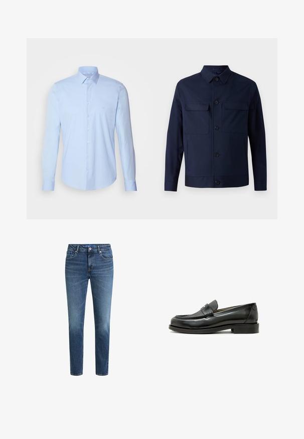 Marineblaue Jacke aus Stoff, mit Kragen, zwei Brusttaschen, Vorderknopfverschluss und geradem Saum. Glatte Textur.; Hellblaues Button-up-Hemd aus Baumwolle, mit klassischem Kragen, langen Ärmeln und kleinem Logo auf der Brust. Glatte Textur.; Dunkelblaue Denim-Jeans mit einem verblassten Finish. Fünf-Taschen-Design, gerader Beinschnitt und Knopfverschluss. Sichtbare Nähte und Gürtelschlaufen.; Schwarzer Lederloafer mit strukturiertem schwarzen Lederakzent, abgerundeter Zehenform und niedrigem Blockabsatz; verfügt über ein dekoratives metallisches Detail.