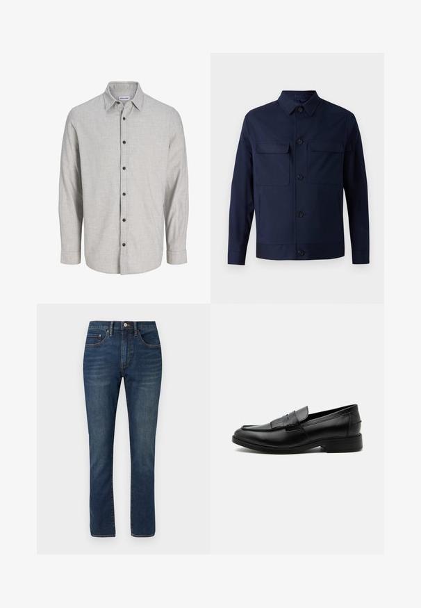 Marineblaue Jacke aus Stoff, mit Kragen, zwei Brusttaschen, Vorderknopfverschluss und geradem Saum. Glatte Textur.; Helles graues Langarmshirt aus strukturiertem Stoff. Verfügt über einen Kentkragen und sechs schwarze Knöpfe entlang der Vorderseite.; Dunkelblaue Jeans mit geradem Bein, Vordertaschen, Gürtelschlaufen und Knopfverschluss, auf weißem Hintergrund dargestellt.; Schwarzer Leder-Herrenloafer mit Quasten-Detail, abgerundeter Spitze, niedrigem Absatz und glatter, polierter Oberfläche, von der Seite auf weißem Hintergrund dargestellt.