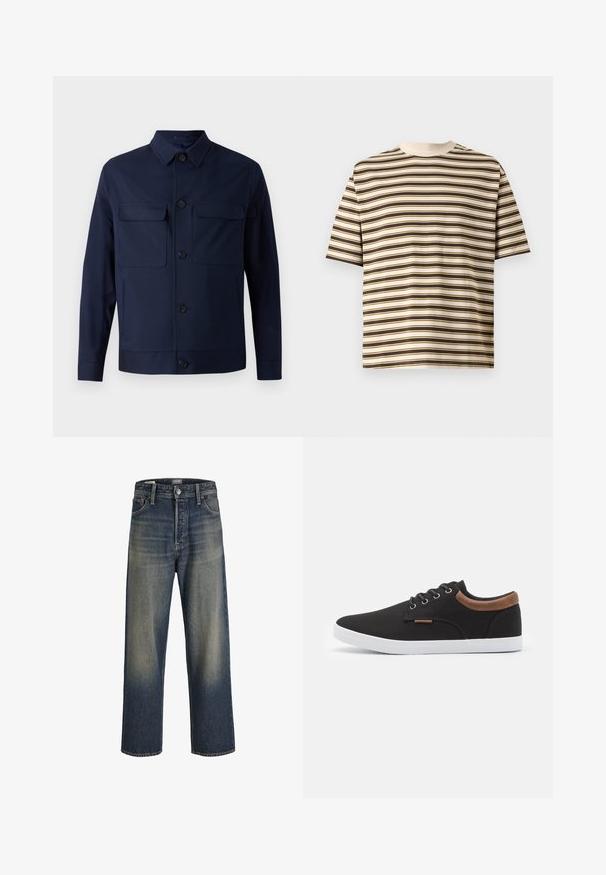 Marineblauwe jas gemaakt van stof, met een kraag, twee borstzakken, voorknoopsluiting en een rechte zoom. Gladde textuur.; Beige T-shirt met korte mouwen met horizontale bruine en witte strepen, ronde hals en een losse pasvorm op een effen achtergrond.; Wijde jeans in donkerblauwe denim met een gradientafwerking, voorzien van een knoopsluiting, vijf zakken en gestructureerde stikdetails.; Zwarte canvas sneaker met ronde neus, witte rubberen zool en bruine leren accent op de hak. Bevat zes metalen oogjes voor veters.