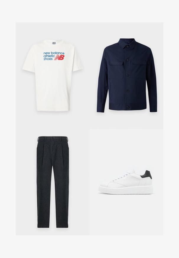 Puku navy blue lmade of fabric, yenye kola, mifuko miwili ya kifua, kifungo cha mbele, na hem iliyotolewa. Uso laini.; Valkoinen lyhythihainen T-paita, jossa sininen teksti "new balance athletic shoes" ja suuri punainen "NB" logo edessä keskellä.; Harmaat villasekoitekankaiset housut, joissa on kaksi etuhalkiota, vyölenkit, sivutaskut ja nappisulku. Suora lahkeinen muotoilu, jossa on sileä pinta.; Valkoinen nahkakenkä mustalla kantapäällä, tasaiset nauhat, teksturoitu välikenkä ja brändäys ulkosivulla. Suunniteltu arkikäyttöön.