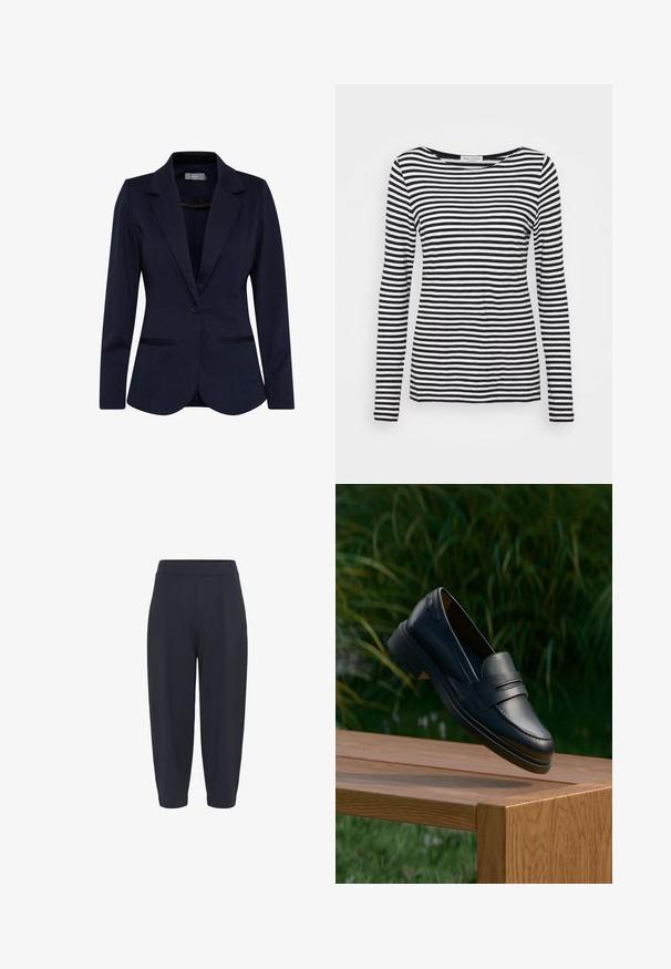 Mørkeblå skræddersyet dameblazer med lange ærmer, hakrevers, lukning med en enkelt knap og to forlommer med slidser.; Langærmet T-shirt med rund hals, prydet med et sort-hvidt stribet mønster. Fremstillet af blødt stof med regular fit. Renset, minimalistisk design.; Marineblå slanke bukser med elastisk talje, der har midterfold, en glat overflade og en ankellang længde.; Sorte læderloafers med en glat tekstur, med et syet design og lav hæl, vist på en træoverflade med grønt i baggrunden.
