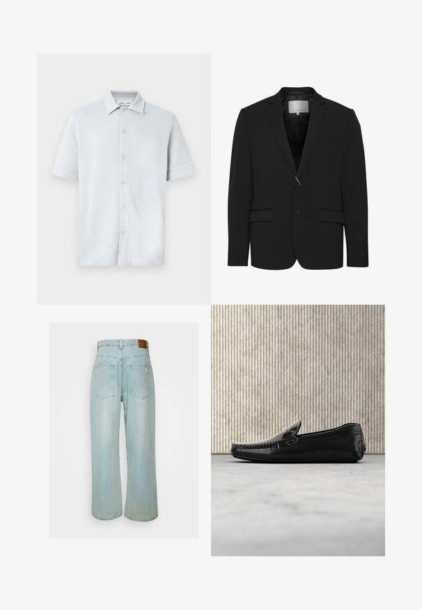 Sort herreblazer med notched revers, to frontlommer med klap, lukkes med to knapper og indvendig label med teksten "Casual Friday".; Kortærmet skjorte med krave i lyseblåt, tekstureret stof med diamantmønster, med knaplukning foran og lige kant.; Lysblå, vid jeans med høj talje, to baglommer og et læderlogo på taljen. Blød tekstur.; Sorte læder loafers med en blank overflade, rund tå og dekorativt hardware foran. Lavprofil gummisål. Glat tekstur.