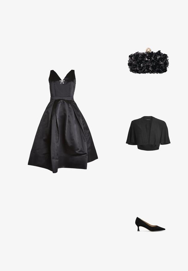 Zwarte korte bolero met open voorkant, brede korte wapperende mouwen en subtiele glanzende stofdetails.; True Decadence PUFF MIDI - Cocktailjurk - black; Zwarte suede pump met een spitse neus, lage vierkante hak en een gladde binnenvoering. Eenvoudig ontwerp zonder zichtbare patronen of accenten.; Zwart handtasje met bloemenstructuur en een decoratieve sluiting met parel en strass-steentjes bovenop.