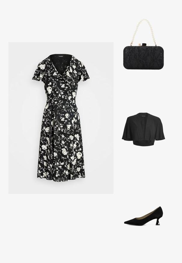 Boléro noir court à ouverture devant, avec de larges manches courtes volantées et un tissu subtilement irisé.; Robe noire avec motif floral blanc, manches courtes, décolleté en V et accents de boutons. Jupe évasée pour un ajustement fluide. Le matériau semble léger.; Pompe à talons hauts en daim noir avec un bout pointu et un talon géométrique contrastant. Présente une silhouette épurée et une texture mate.; Pochette noire rectangulaire avec texture de paillettes et de dentelle, anse perlée et fermeture à fermoir doré sur le dessus.