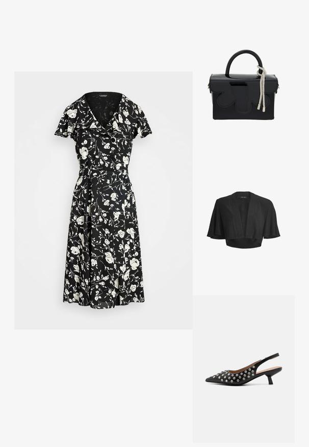 Sort kort bolero med åben front, brede, korte flagrende ærmer og subtil skinnende stofdetalje.; Sort kjole med hvidt blomstertryk, korte ærmer, V-hals og knapdetaljer. Udflydende skørt for en let og luftigt pasform. Materialet ser let ud.; Sort slingback hæl med spids tå, pyntet med sølvnitter, med en lav blokhælkonstruktion og en glat lædertekstur.; Glansende sort håndtaske med en struktureret form, der har en top-håndtag, dekorativt sølvkvast og bølgede detaljer på fronten.