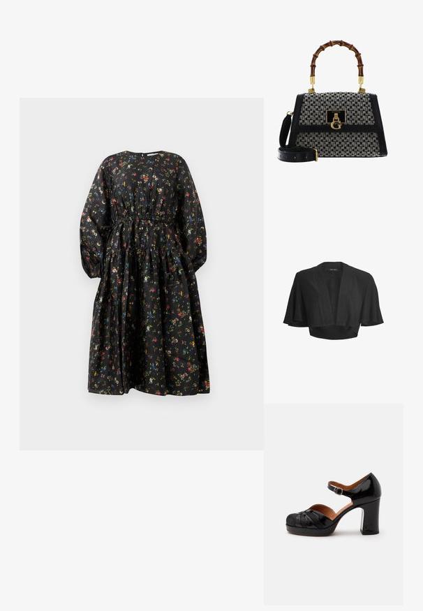 Bolero negro corto con parte delantera abierta, mangas acampanadas cortas y anchas y sutil detalle de tela con brillo.; Vestido negro con estampado floral, mangas largas, cintura fruncida y falda de volantes. Presenta un patrón floral colorido y una textura de tela suave.; Zapato Mary Jane de charol negro con puntera redondeada, detalle texturizado, correa en el tobillo con hebilla y tacón grueso de altura media sobre fondo blanco.; Bolso de mano con un diseño en blanco y negro, con un asa de bambú, acentos dorados, ribete de cuero texturizado y correa de hombro desmontable.