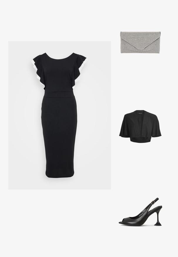 Schwarzes, gekürztes Bolero mit offenem Vorderteil, weiten, kurzen Schmetterlingsärmeln und dezent schimmerndem Stoffdetail.; Schwarzes Kleid mit weit ausgestellten Ärmeln, die mit weißem Besatz versehen sind. Taillierter Oberteil und Midi-Länge, gefertigt aus glattem Stoff.; Schwarze Leder-Slingback-High Heels mit offener Zehe, spitzer Form, schmalem Absatz, der ausläuft, und quadratischem Fuß. Texturierte Oberfläche und Schnalle-Detail.; Silberne Clutch mit strukturierter, genoppter Oberfläche. Verfügt über ein Umschlagdesign mit schrägem Klappenverschluss und kontrastierendem schwarzen Rand.