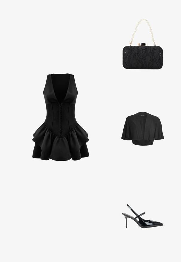Zwarte korte bolero met open voorkant, brede korte wapperende mouwen en subtiele glanzende stofdetails.; OW Collection AUGUSTA - Jerseyjurk - black; Zwarte lakleren pumps met spits toelopende neus, dunne hoge hak en een enkele band over de wreef.; Zwarte rechthoekige clutch met pailletten- en kanten textuur, parelbedekte handgreep en een goudkleurige sluiting bovenop.
