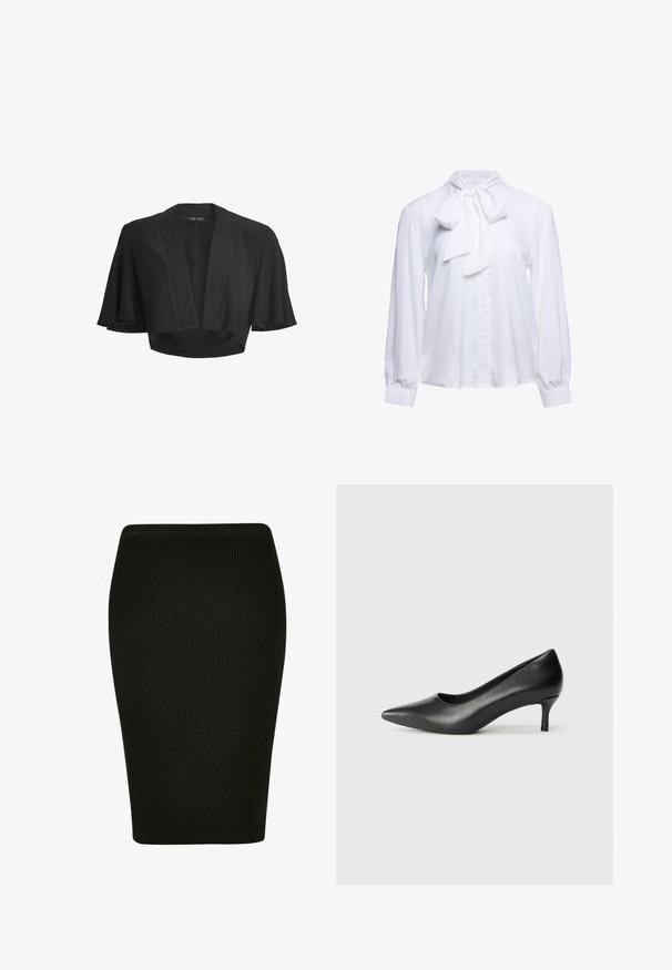 Sort kort bolero med åben front, brede, korte flagrende ærmer og subtil skinnende stofdetalje.; Hvid bluse med lange ærmer med knapper foran og en stor bundet sløjfe ved halsen, med manchetærmer.; Sort ribbet blyantskjørt med en tætsiddende pasform. Har en høj talje og tekstiler, der giver en glat silhuet.; Sorte læder pumps med spids tese og en lav, kegleformet hæl, glat tekstur og en lav skæring i overdelen for synlighed af foden.