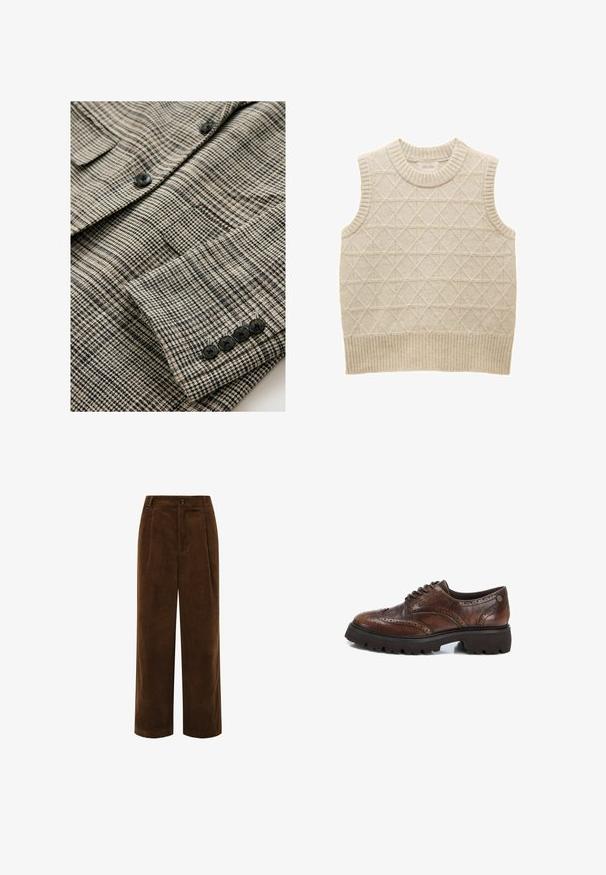 Chaqueta de cuadros beige y negro con tela texturizada, que cuenta con cuatro botones negros en el puño y un único bolsillo en el pecho.; Suéter sin mangas de punto beige con patrón de diamantes, cuello y dobladillo acanalados, hecho de un material suave para mayor comodidad. Etiqueta de la marca visible en el interior.; Pantalones de pana marrón de pierna ancha con cierre frontal de botones, bolsillos laterales y cintura alta.; Carmela Zapatos de vestir - brown
