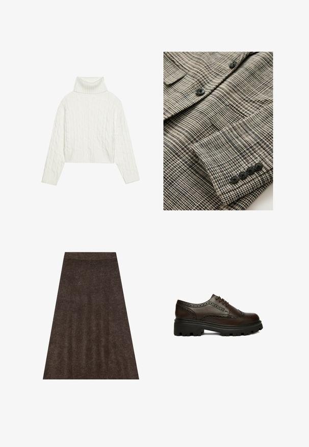 Veste à carreaux beige et noire en tissu texturé, avec quatre boutons noirs sur le poignet et une seule poche poitrine.; Pull à col roulé en maille blanche, avec une coupe courte, doté de poignets et d'un ourlet côtelés. Texture douce avec un design épais et confortable.; Jupe en tricot marron avec une conception évasée, une taille élastique et une texture subtile. Le tissu semble doux et chaud.; Chaussure brogue en cuir marron foncé avec détails perforés et semelle épaisse en caoutchouc noire, vue de côté sur fond blanc.