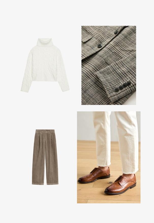 Beige og sort ternet jakke med tekstureret stof, der har fire sorte knapper på manchetten og en enkelt brystlomme.; Hvid kabel-strikket turtleneck sweater med en cropped silhuet, der har ribbede manchetter og kant. Blød tekstur med et hyggeligt, chunky design.; Brune vidde bukser i ribbet fløjl med bæltestropper, forlommer og lynlåslukning.; Brune læder brogue sko med perforerede detaljer, rund tå og en glat overflade, parret med cremede bukser med frynset kant.