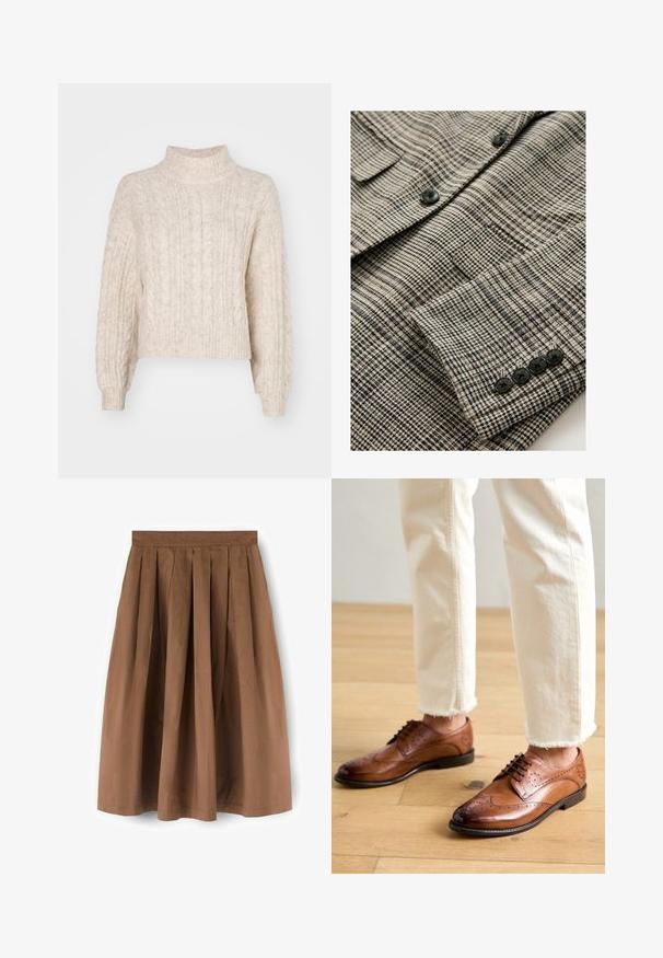 Beige en zwart geruit jack met gestructureerde stof, voorzien van vier zwarte knopen aan de manchet en een enkele borstzak.; Crème-kleurige cropped trui met een hoge nek, met een getextureerd kabelbreipatroon en lange, iets pofmouwen.; Bruine geplooide knielange rok met een aansluitende tailleband, gemaakt van lichtgewicht stof, weergegeven tegen een witte achtergrond.; Bruine leren brogueschoenen met geperforeerde details, ronde neus en een gladde afwerking, gecombineerd met crèmekleurige broek met franje aan de onderkant.